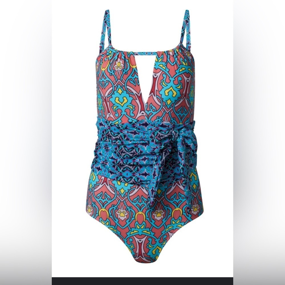 VENUS Blue and Pink One Piece Swimsuit with Decorative Waist Tie NWOT - Picture 13 of 14